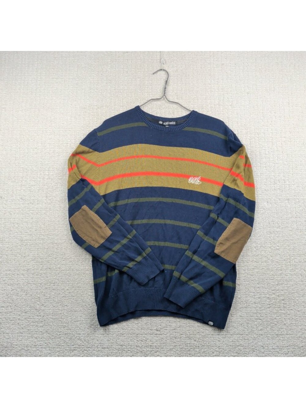 Y2KEcko Unltd Striped Sweater Elbow Patch Logo Long Sleeve Hip Hop Grunge Mens M